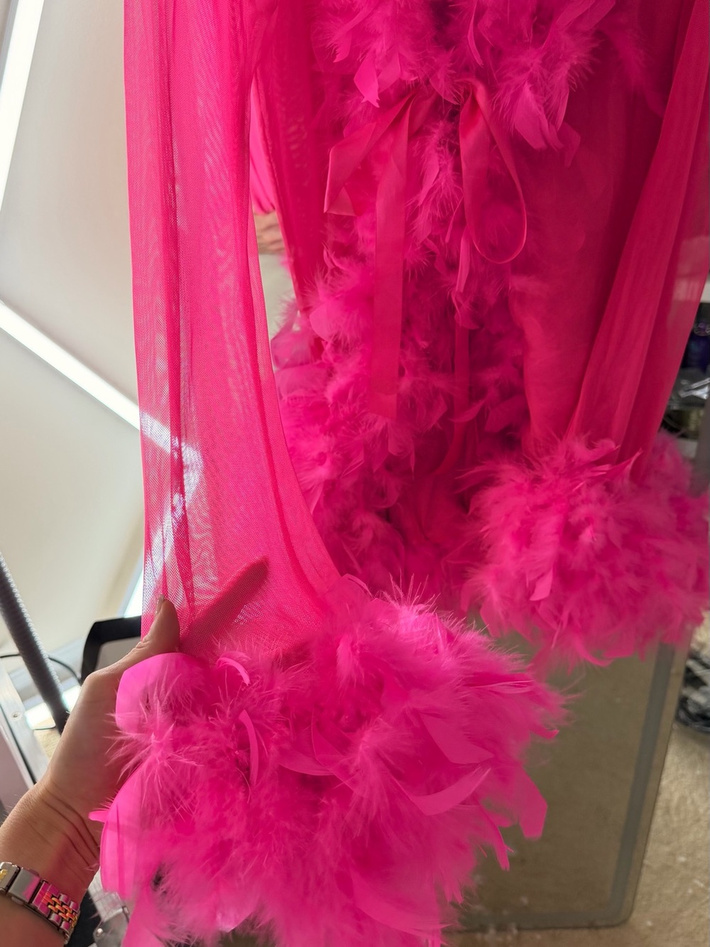 Hot Pink Feather Trim Sheer Robe with Satin Tie - Picture 4 of 12